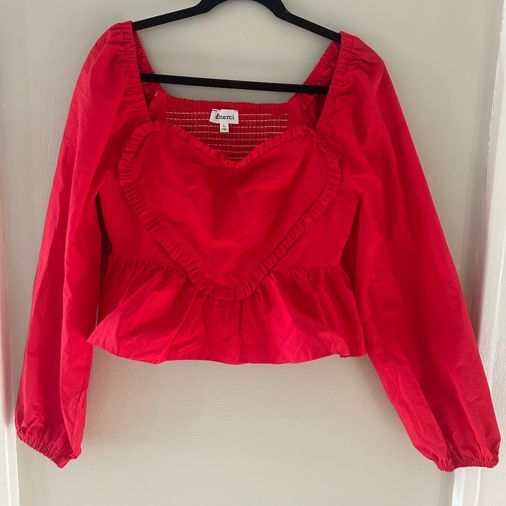 Red Heart Long Sleeve Blouse Size Large &Merci - Picture 2 of 5
